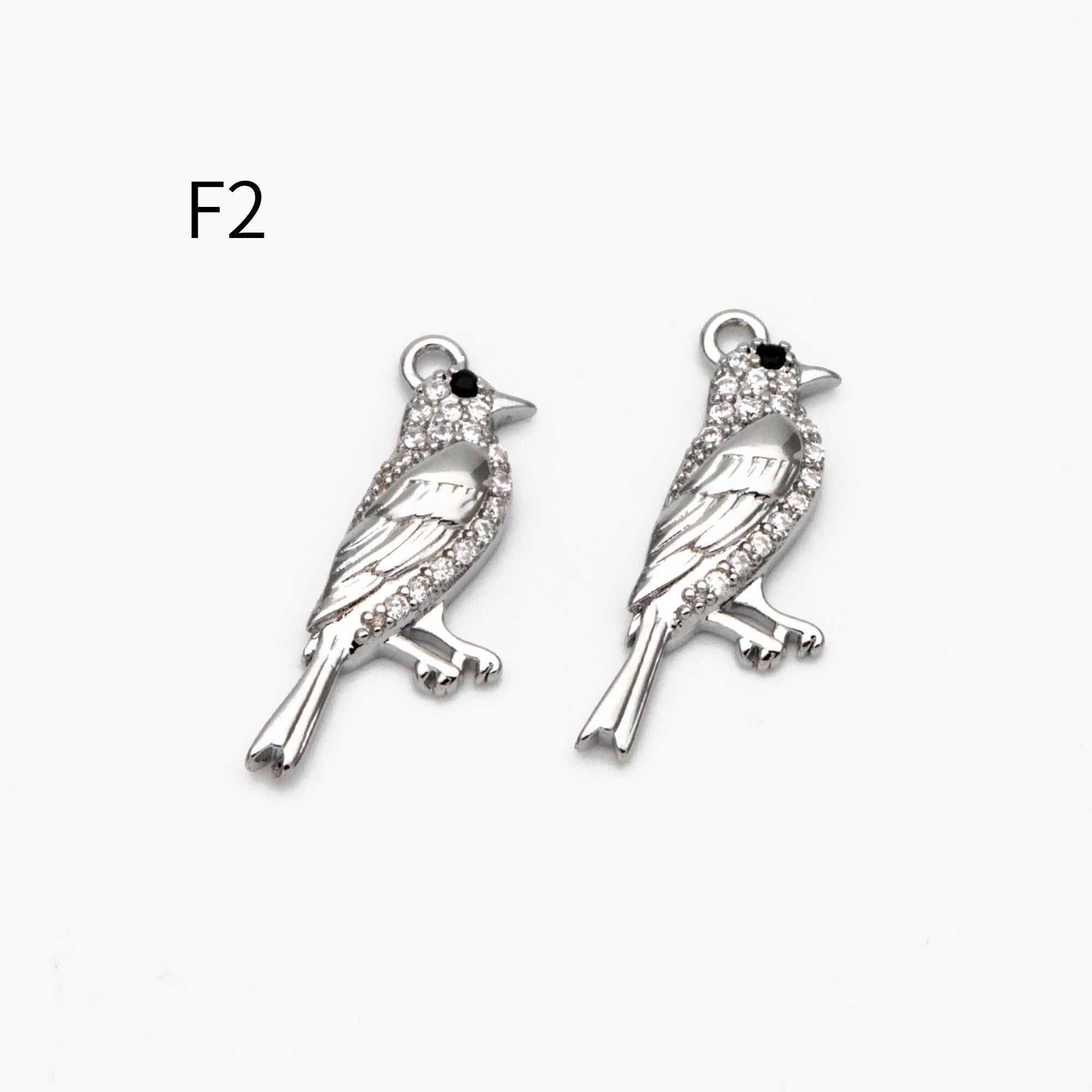 4pcs CZ Pave Gold/ Silver Tone Bird Charms, Real Gold/ Rhodium plated Brass Bird Pendant (GB-1480)